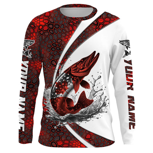 Maxcorners Canada Flag Pike Fishing Custom Long Sleeve Fishing Shirts, Pike Fishing Jerseys | Red Camo LM2408