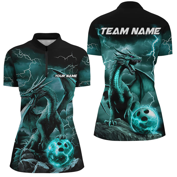 Maxcorners Black And Blue Thunder Lightning Custom Dragon Ladies Bowling Team Shirts, Bowling Uniform
