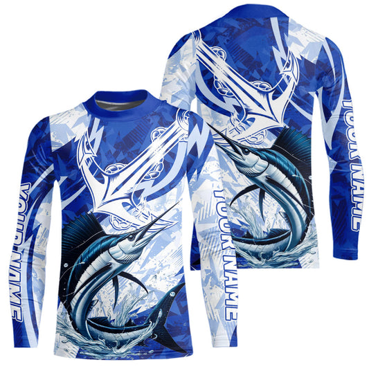 Maxcorners Blue Camo Anchor Custom Sailfish Saltwater Kid Long Sleeve Performance Fishing Shirts LM0607
