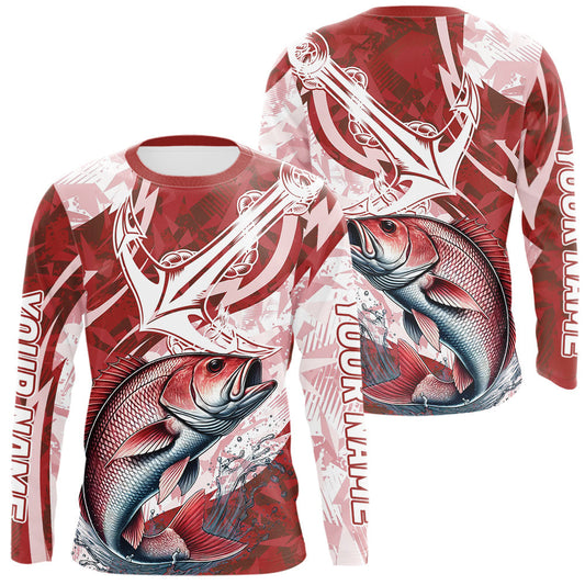 Maxcorners Red Camo Anchor Custom Red Snapper Saltwater Long Sleeve Performance Fishing Shirts LM0607