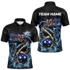 Maxcorners Custom Blue Lightning Patriotic Shark Bowling Team Men Polo Shirts, US Flag Bowling Shirt LM233