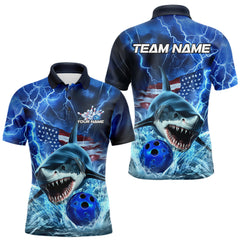 Maxcorners Custom Blue Lightning Patriotic Shark Bowling Team Men Polo Shirts, US Flag Bowling Shirts LM233