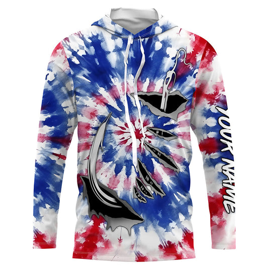 Maxcorners Custom Fish Hook American Flag Tie Dye Camo Long Sleeve Fishing Shirts, Patriotic Fishing Jersey LM0201