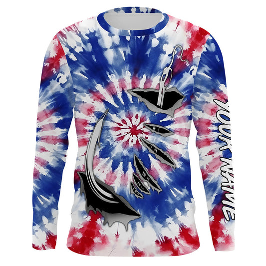 Maxcorners Custom Fish Hook American Flag Tie Dye Camo Long Sleeve Fishing Shirts, Patriotic Fishing Jersey LM0201