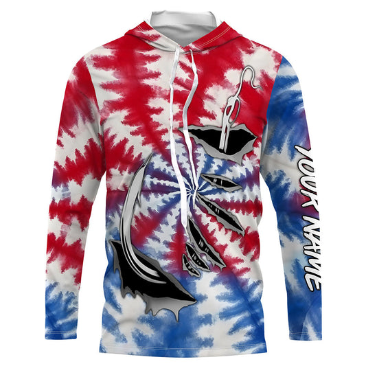 Maxcorners Custom Fish Hook American Flag Tie Dye Camo Long Sleeve Fishing Shirts, Patriotic Fishing Jerseys LM0201