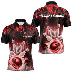 Maxcorners Custom Black And Red Flame Bowling Team Polo Shirts For Men, Fire Bowling League Shirt LM3006