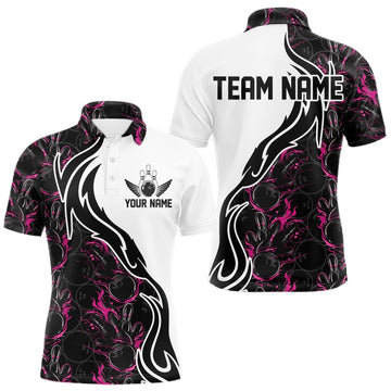 Maxcorners Custom Black And Pink Flame Bowling Team Shirts, Bowling League Shirt Men Bowling Jersey LM2201