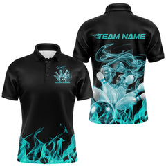 Maxcorners Custom Turquoise Blue Skull Smoke Bowling Team Men Polo Shirts, Halloween Bowling Outfit LM2608