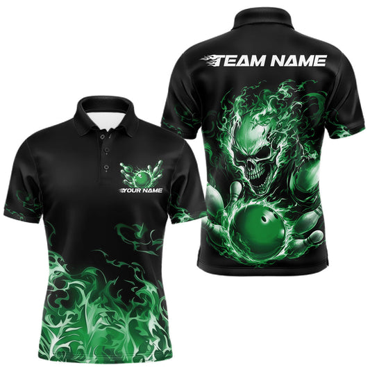Maxcorners Custom Multi Color Fire Flame Skull Bowling Shirts For Men, Women And Kid, Halloween Bowling Jerseys | Green LM2405
