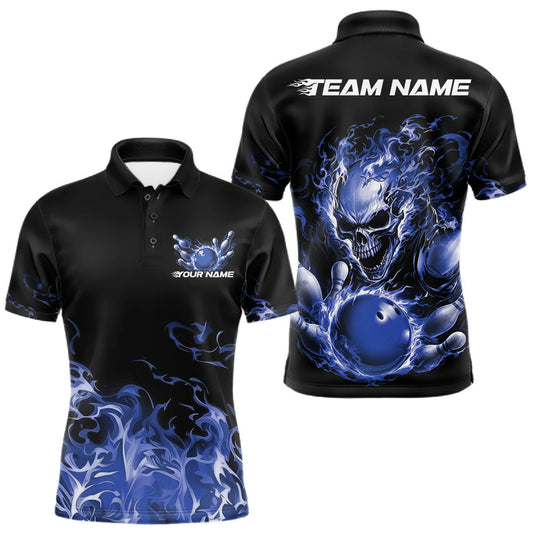Maxcorners Custom Multi Color Fire Flame Skull Bowling Shirts For Men, Women And Kid, Halloween Bowling Jerseys | Blue LM2405