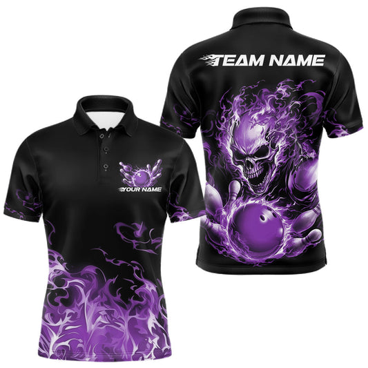 Maxcorners Custom Multi Color Fire Flame Skull Bowling Shirts For Men, Women And Kid, Halloween Bowling Jerseys | Purple LM2405