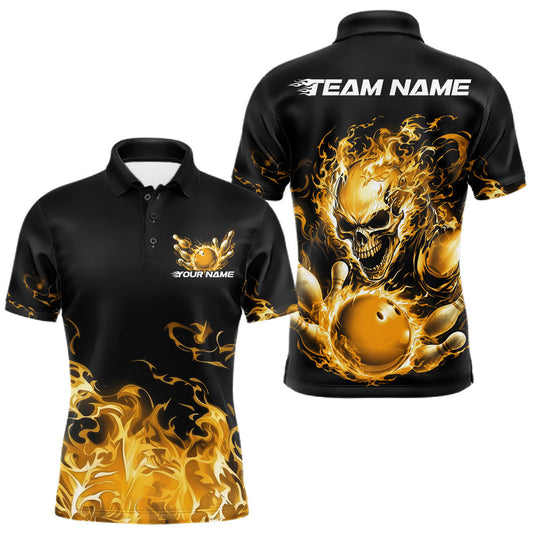 Maxcorners Custom Multi Color Fire Flame Skull Bowling Shirts For Men, Women And Kid, Halloween Bowling Jerseys | Yellow LM2405