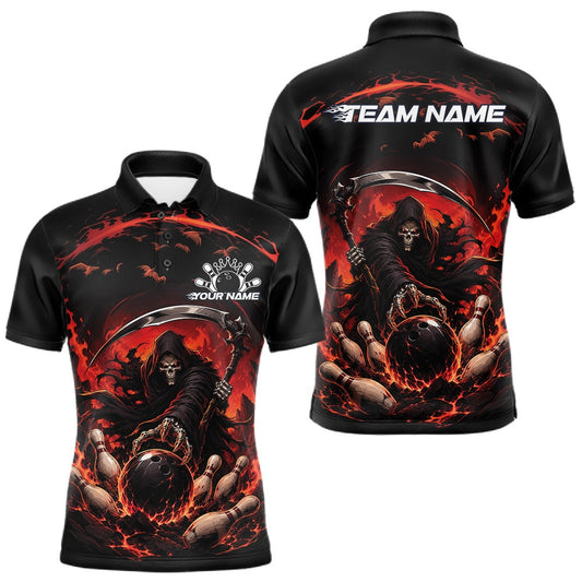 Maxcorners Custom Red Halloween Grim Reaper Bowling Team Polo Shirt For Men LM2806