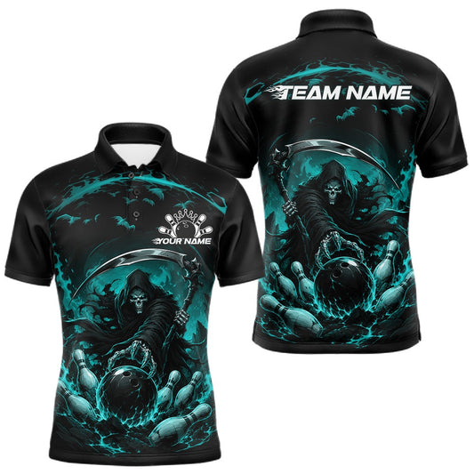 Maxcorners Custom Cyan Blue Halloween Grim Reaper Bowling Team Polo Shirt For Men LM2806