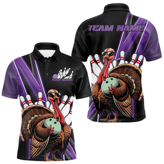 Maxcorners Black And Purple Custom Funny Turkey Bowling Men Shirts, Bowling League Team Shirt LM2602