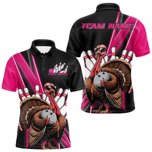 Maxcorners Black And Pink Custom Funny Turkey Bowling Men Shirts, Bowling League Team Shirt LM2602