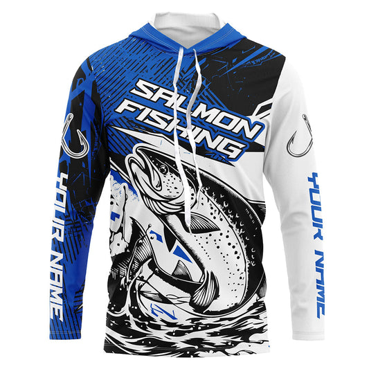 Maxcorners Personalized Chinook Salmon Fishing Jerseys, Salmon Performance Long Sleeve Fishing Shirts | Blue LM0201