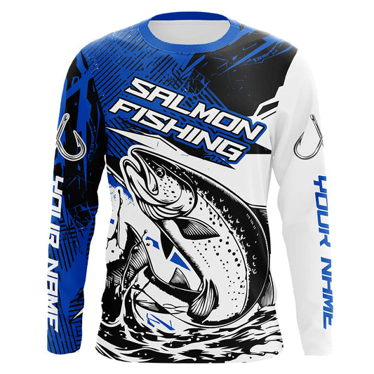 Maxcorners Personalized Chinook Salmon Fishing Jerseys, Salmon Performance Long Sleeve Fishing Shirts | Blue LM0201