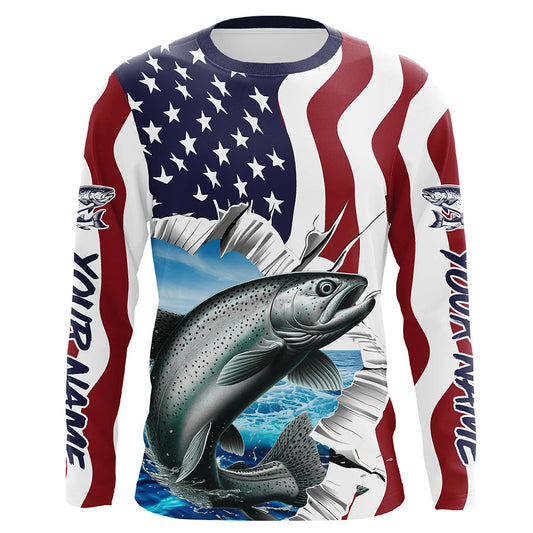 Maxcorners Custom American Flag Chinook Salmon Fishing Long Sleeve Shirts, Patriotic Salmon Fishing Jerseys LM0201