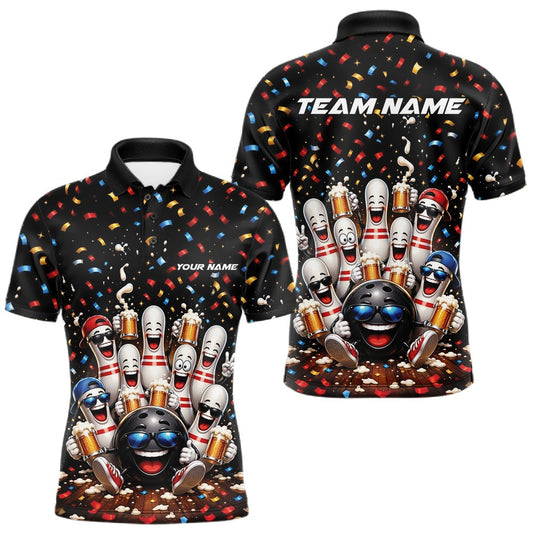 Maxcorners Custom Funny Bowling Beer Party Men Polo Shirt With Bowling Ball And Pins LM2806