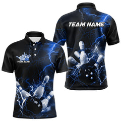 Maxcorners Custom Black And Blue Thunder Lightning Bowling Tournament Polo Shirts For Men