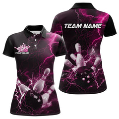 Maxcorners Custom Black And Pink Thunder Lightning Bowling Tournament Polo Shirts For Men