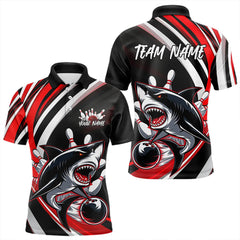 Maxcorners Custom Black And Red Shark Bowling Polo Shirts For Men, Shark Bowling Team Jerseys