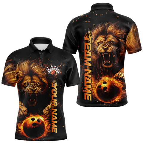 Maxcorners Custom Fire Flame Lion Bowling Team Polo Shirts For Men, Lion Bowling Tournament Shirt LM253