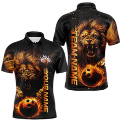 Maxcorners Custom Fire Flame Lion Bowling Team Polo Shirts For Men, Lion Bowling Tournament Shirt LM253