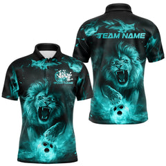 Maxcorners Custom Blue Flame Lion Bowling Polo Shirts For Men, Bowling League Shirt Team Uniform LM253