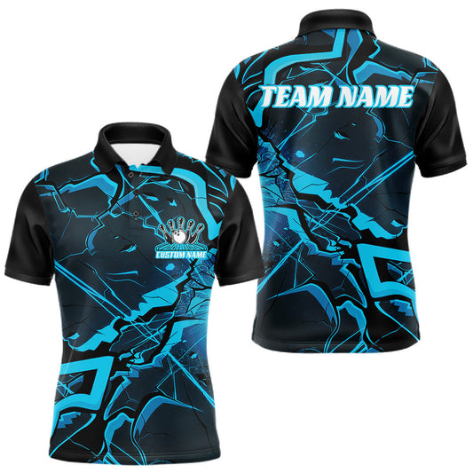 Maxcorners Custom Black And Blue Lightning Crack Modern Bowling Team Polo Shirt For Men And Women LM2603