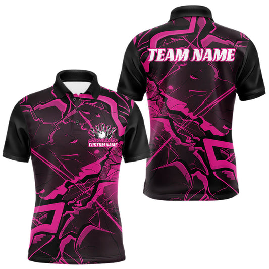 Maxcorners Custom Black And Pink Lightning Crack Modern Bowling Team Polo Shirt For Men And Women LM2603