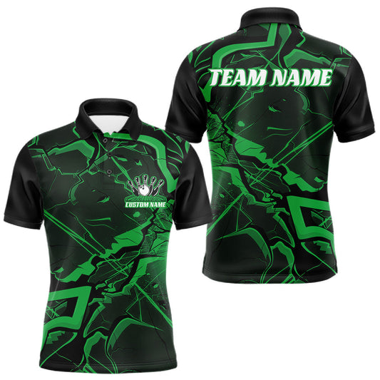 Maxcorners Custom Black And Green Lightning Crack Modern Bowling Team Polo Shirt For Men And Women LM2603
