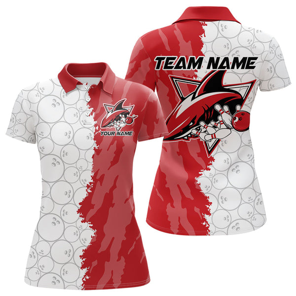 Maxcorners Custom White And Red Shark Bowling Polo Shirts For Men, Shark Bowling League Shirt