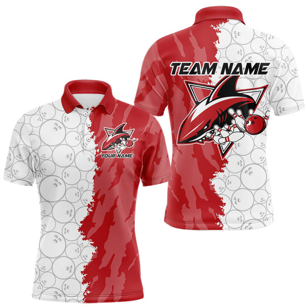 Maxcorners Custom White And Red Shark Bowling Polo Shirts For Men, Shark Bowling League Shirt