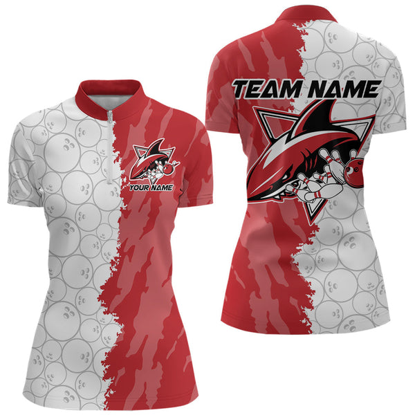 Maxcorners Custom White And Red Shark Bowling Polo Shirts For Men, Shark Bowling League Shirt