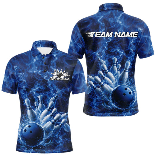 Maxcorners Custom Blue Fire Flame Bowling Men Polo Tournament Shirt, Team Bowling Jerseys LM2603