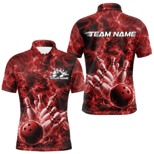 Maxcorners Custom Red Fire Flame Bowling Men Polo Tournament Shirt, Team Bowling Jerseys LM2603