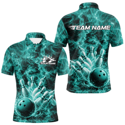 Maxcorners Custom Turquoise Blue Fire Flame Bowling Men Polo Tournament Shirt, Team Bowling Jerseys LM2603