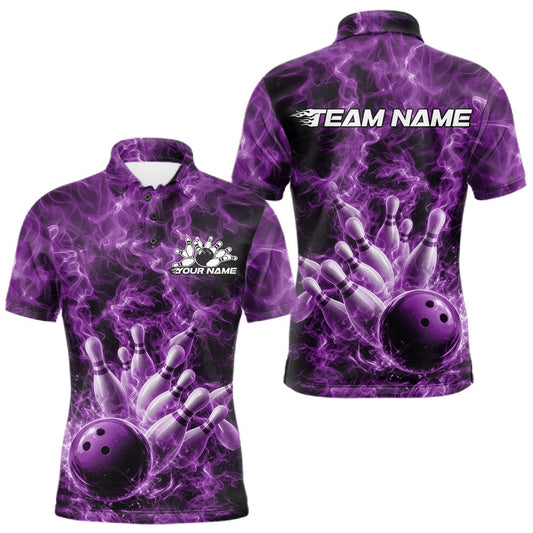 Maxcorners Custom Purple Fire Flame Bowling Men Polo Tournament Shirt, Team Bowling Jerseys LM2603