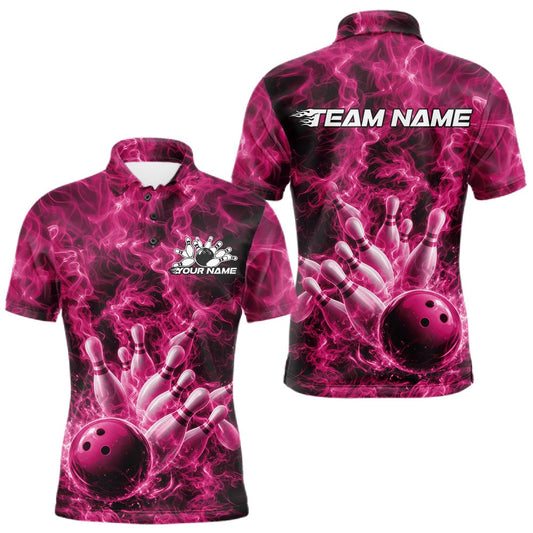 Maxcorners Custom Pink Fire Flame Bowling Men Polo Tournament Shirt, Team Bowling Jerseys LM2603