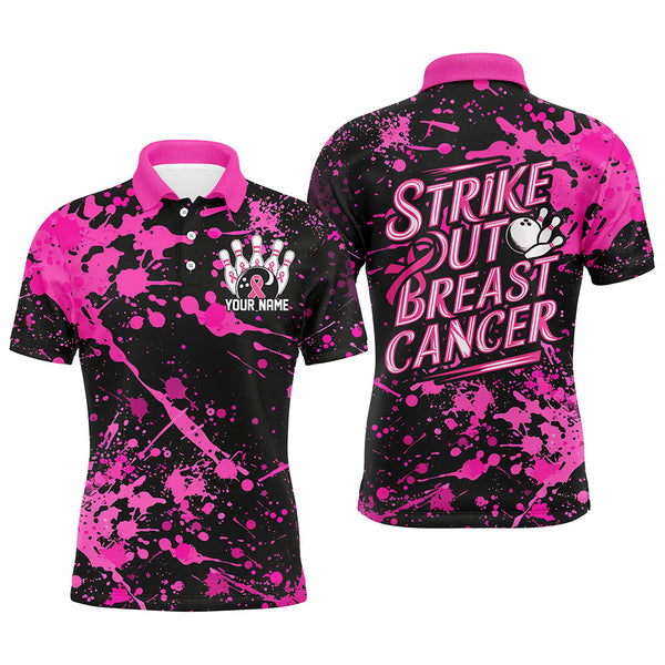 Maxcorners Black And Pin Strike Out Breast Cancer Pink Ribbon Custom Breast Cancer Bowling Shirts For Men LM1610
