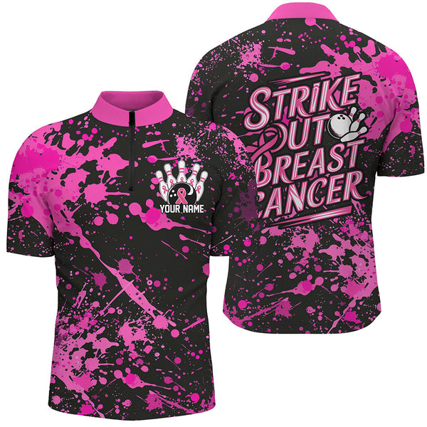 Maxcorners Black And Pin Strike Out Breast Cancer Pink Ribbon Custom Breast Cancer Bowling Shirts For Men LM1610