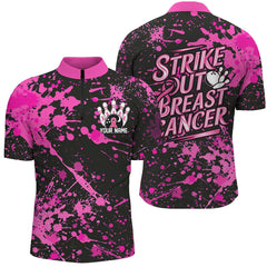 Maxcorners Black And Pin Strike Out Breast Cancer Pink Ribbon Custom Breast Cancer Bowling Shirts For Men LM1610