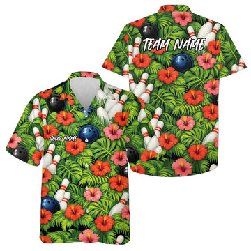 Maxcorners Custom Tropical Leaves And Hibiscus Flower Hawaiian Bowling Shirts For Men And Women 7 LM0503