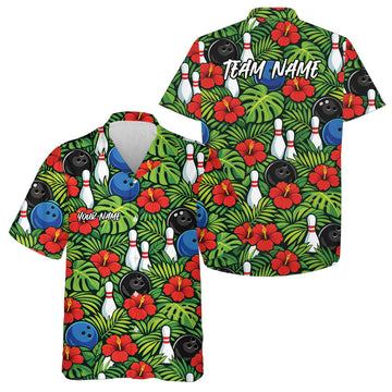 Maxcorners Custom Tropical Leaves And Hibiscus Flower Summer Vibe Hawaiian Bowling Team Shirts LM0503