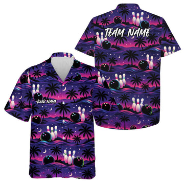 Maxcorners Custom Pink And Purple Tropical Palm Tree Hawaiian Bowling Shirts For Men And Women LM0503