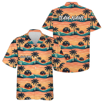 Maxcorners Custom Palm Tree And Sunset Scene Bowling Hawaiian Shirts For Men And Women Summer Outfit  LM0503