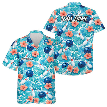 Maxcorners Custom Blue Tropical Leaves And Hibiscus Flower Hawaiian Bowling Shirt For Men And Women LM0503