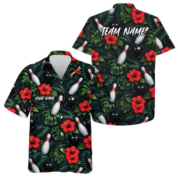 Maxcorners Custom Tropical Leaves And Hibiscus Flower Hawaiian Bowling Shirts For Men And Women 8 LM0503